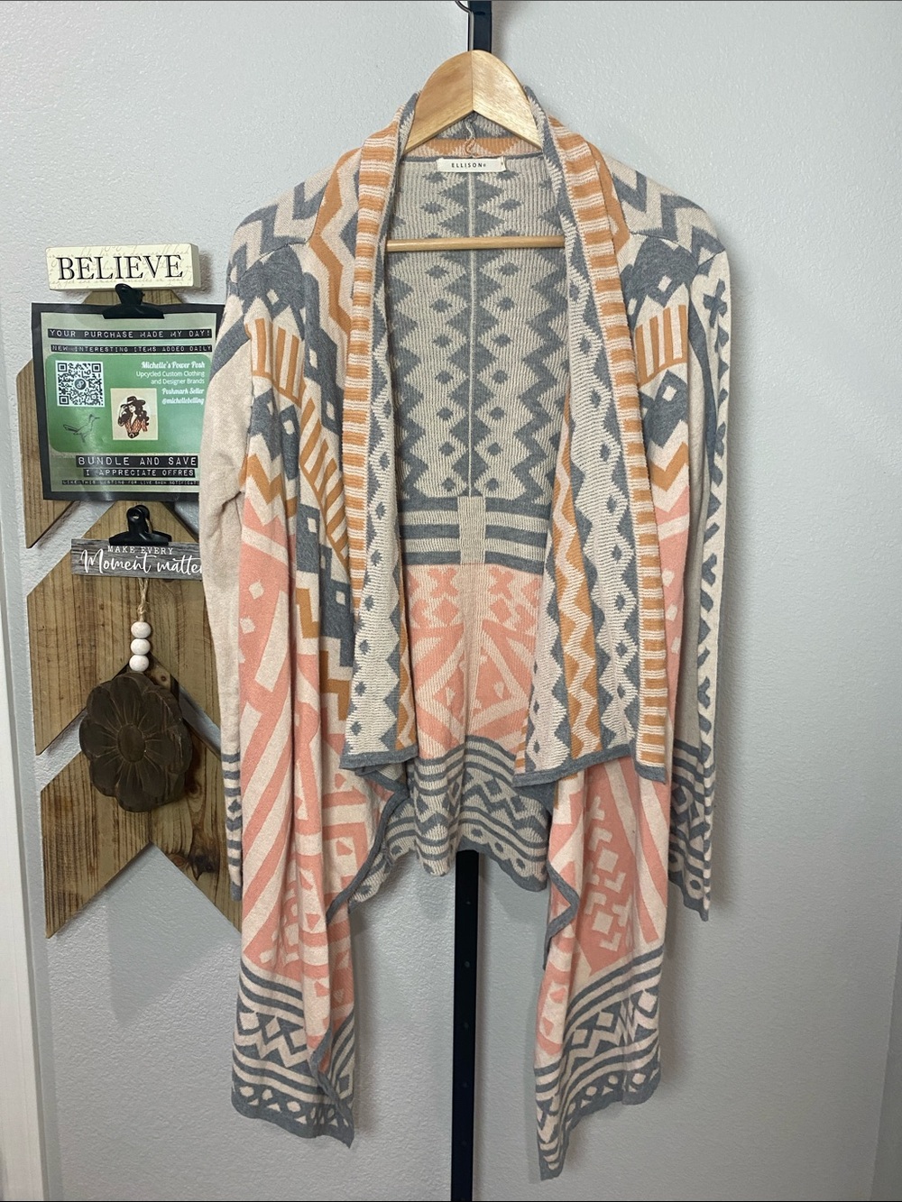 Ellison Aztec Open-Front Cardigan - Peach, Gray, Cream 100%cotton szM ptp 23